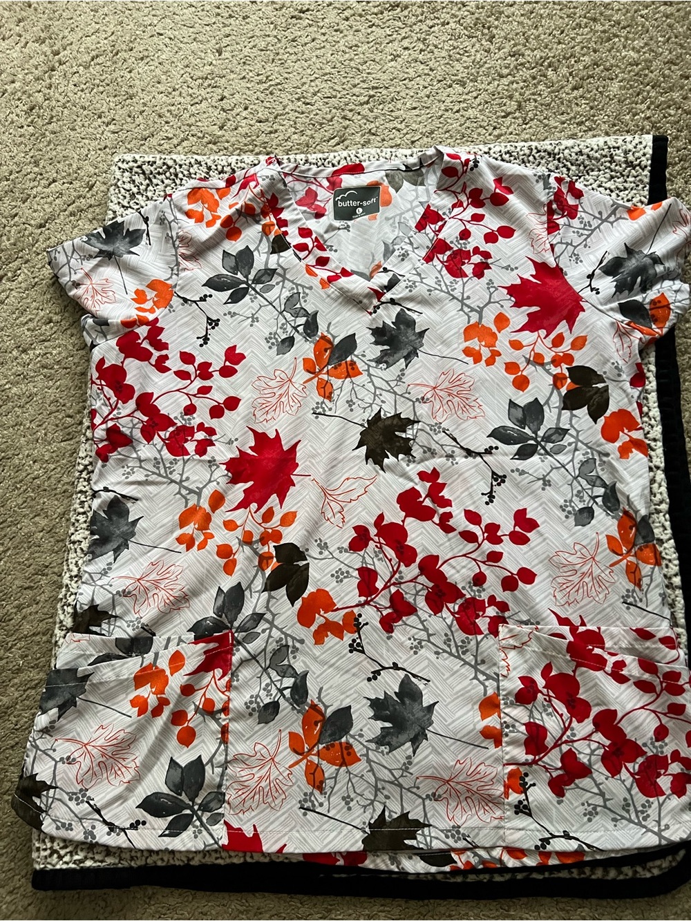 Uniform Advantage Floral Print V-Neck scrub Top in Red, Orange, Gray, Black